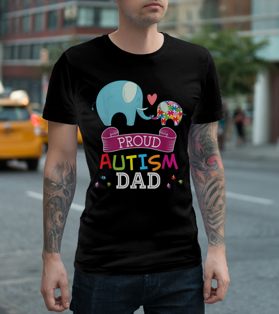 Proud Autism Dad Rainbow Puzzle Elephant Heart Connection T-Shirt