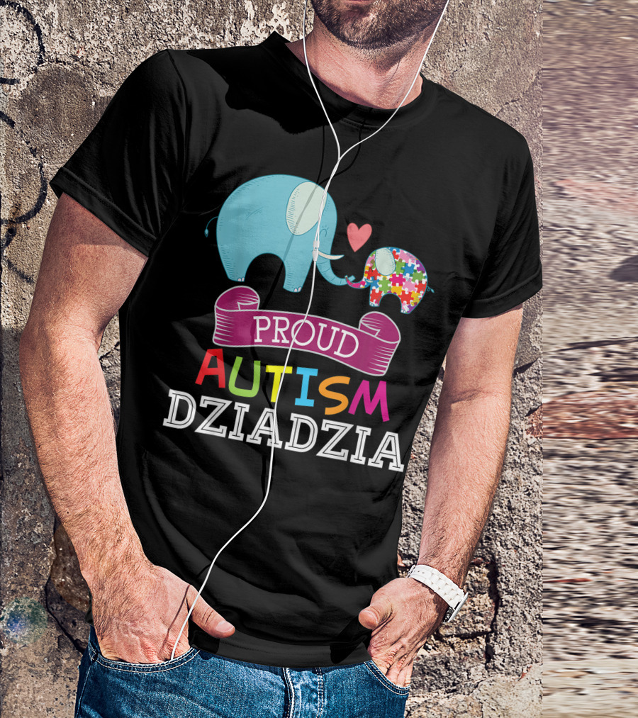 Proud Autism Dziadzia Elephant Puzzle Heart Autistic Awareness T-Shirt