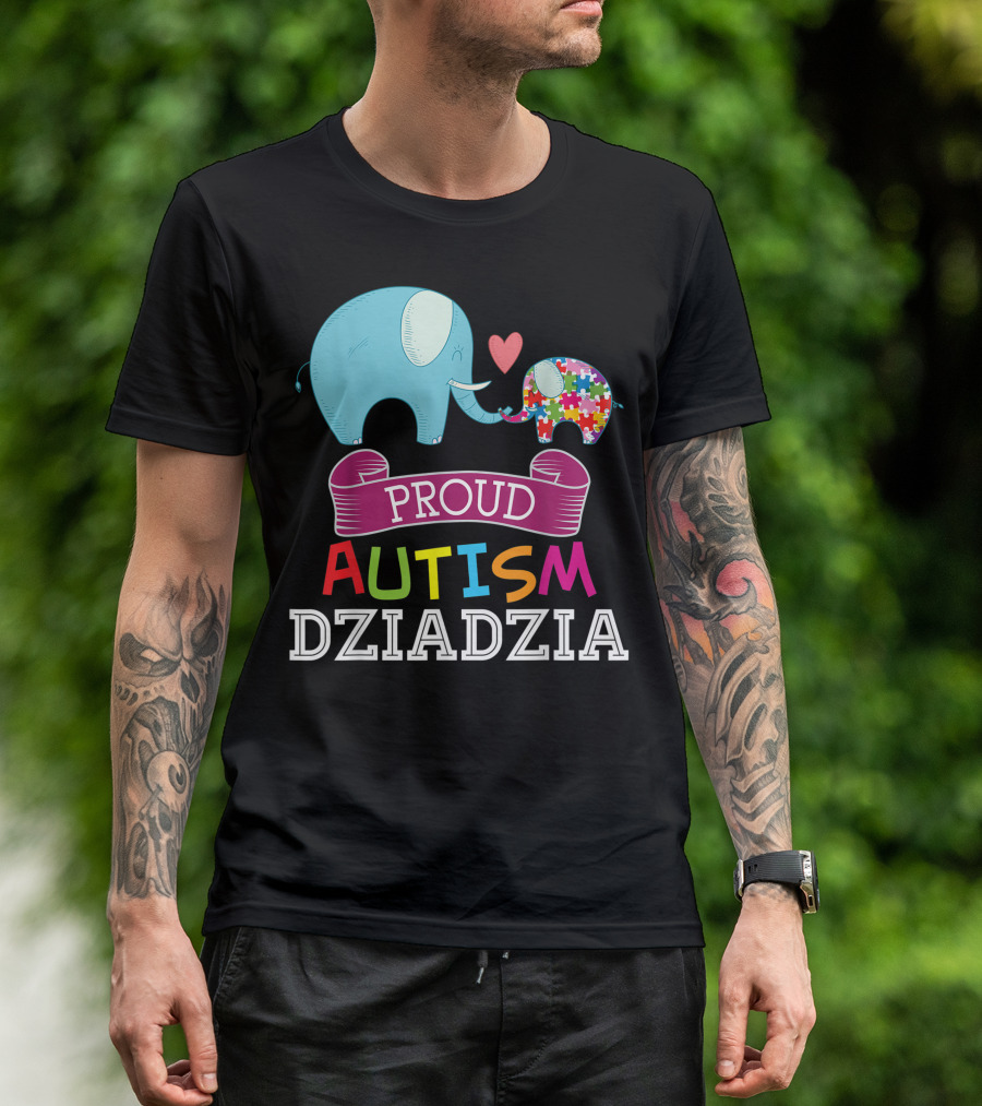 Proud Autism Dziadzia Elephant Puzzle Heart Autistic Awareness T-Shirt