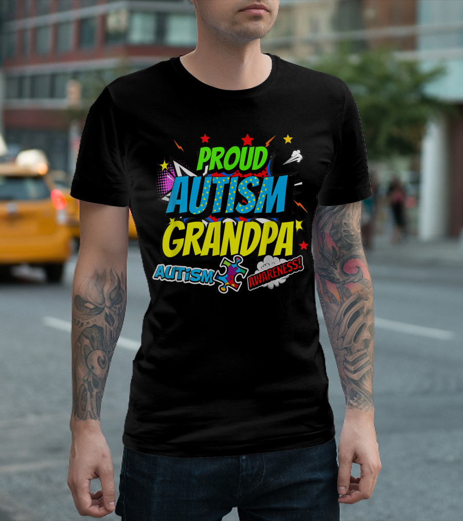 Proud Autism Grandpa Awareness Grandparent Day Family Pawpaw Puzzle Piece T-Shirt