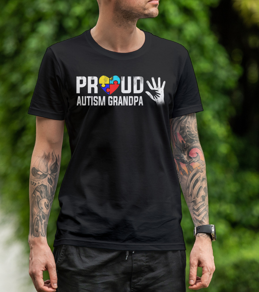 PROUD Autism Grandpa Heart Puzzle Handprint T-Shirt