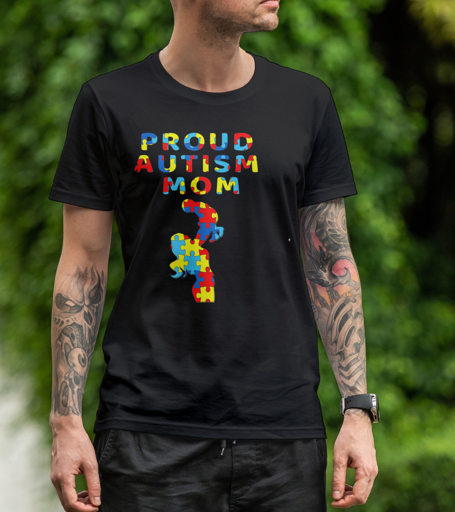 Proud Autism Mom Puzzle Ribbon Heart Autism Awareness T-Shirt