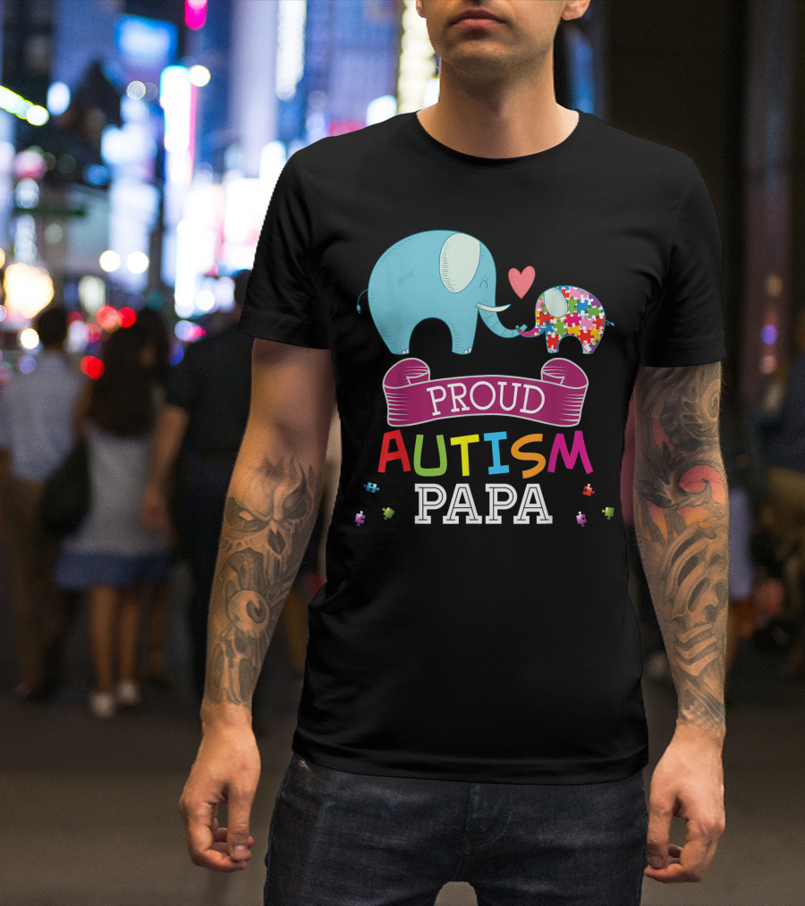 Proud Autism Papa Elephant Puzzle Heart Rainbow T-Shirt