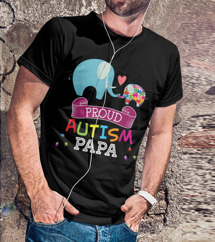 Proud Autism Papa Elephant Puzzle Heart Rainbow T-Shirt