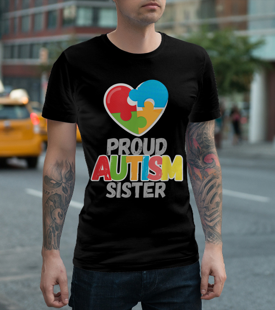 Proud Autism Sister Heart Puzzle Autism Awareness Day T-Shirt