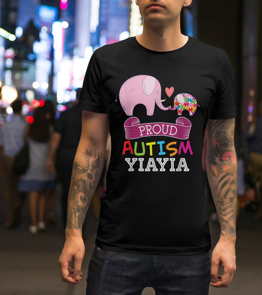 Proud Autism Yiayia Rainbow Puzzle Elephant Awareness Day T-Shirt