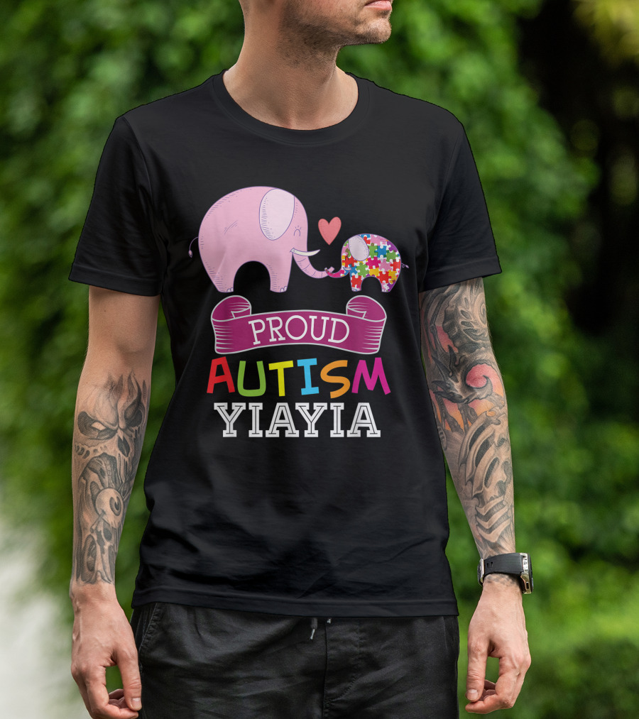 Proud Autism Yiayia Rainbow Puzzle Elephant Awareness Day T-Shirt