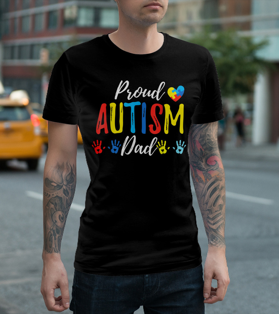 Proud Autism Dad Heart Puzzle Handprints T-Shirt
