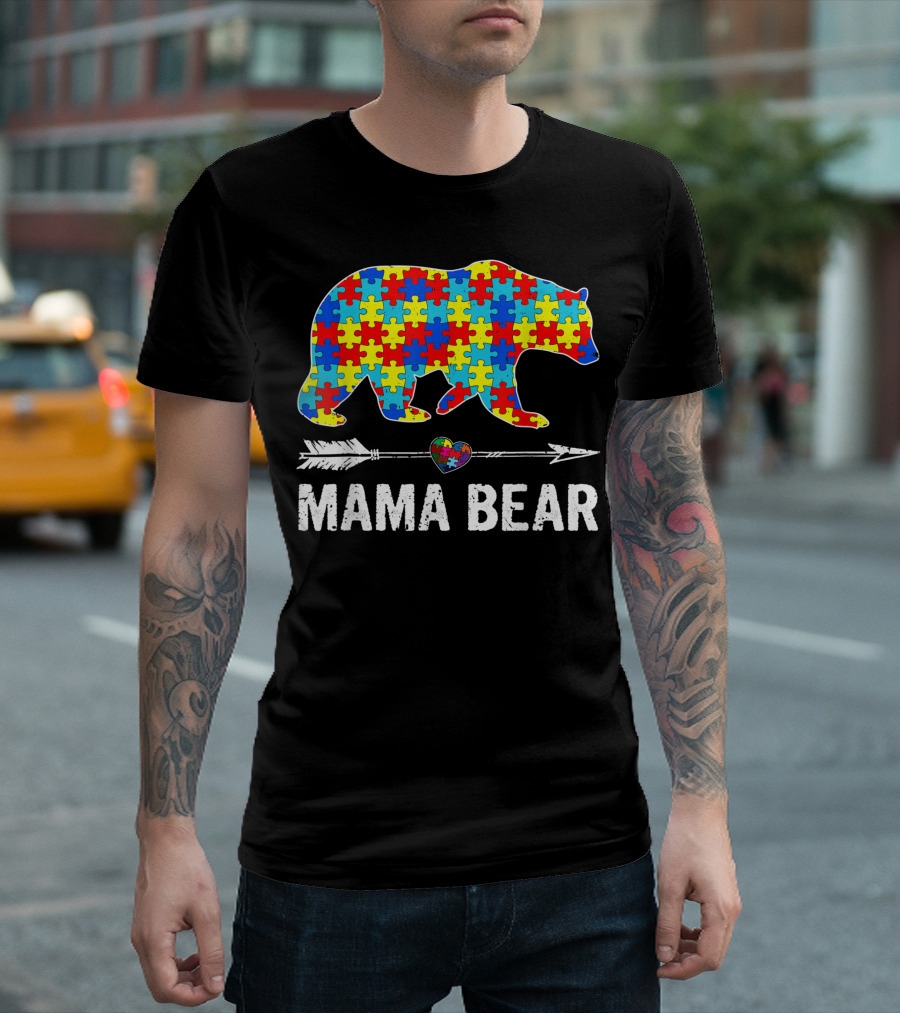 Mama Bear Puzzle Pattern Autism Awareness T-Shirt