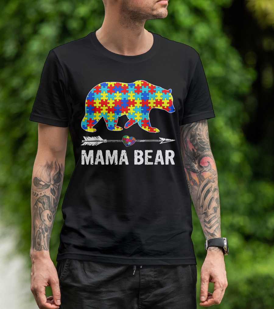 Mama Bear Puzzle Pattern Autism Awareness T-Shirt