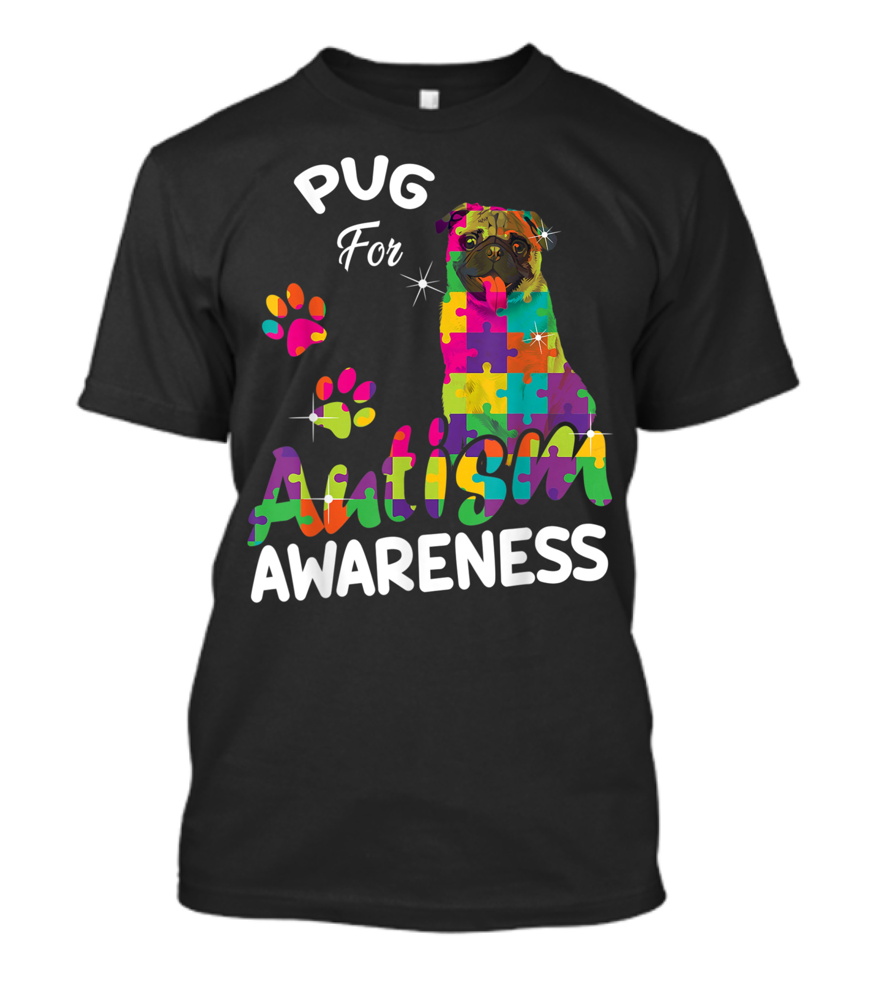 Pug For Autism Awareness Puzzle Pieces Colorful Pug Lover T-Shirt