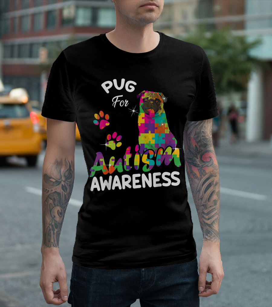 Pug For Autism Awareness Puzzle Pieces Colorful Pug Lover T-Shirt