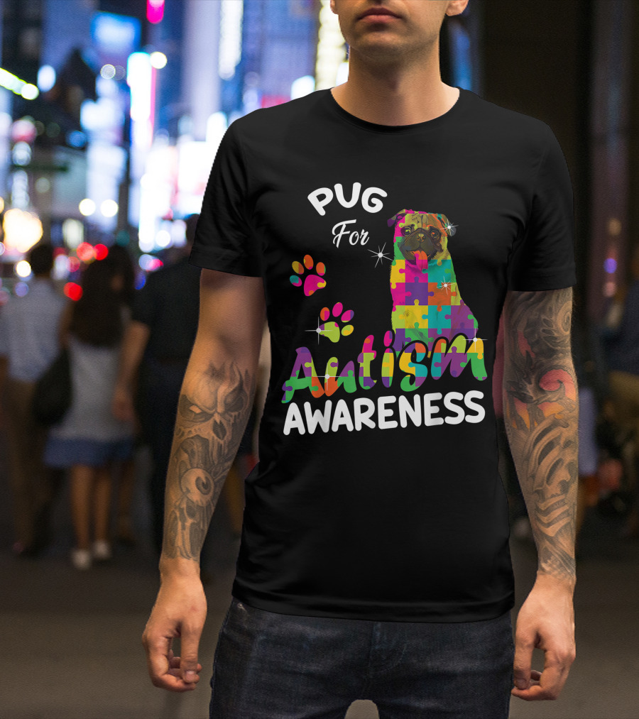 Pug For Autism Awareness Puzzle Pieces Colorful Pug Lover T-Shirt