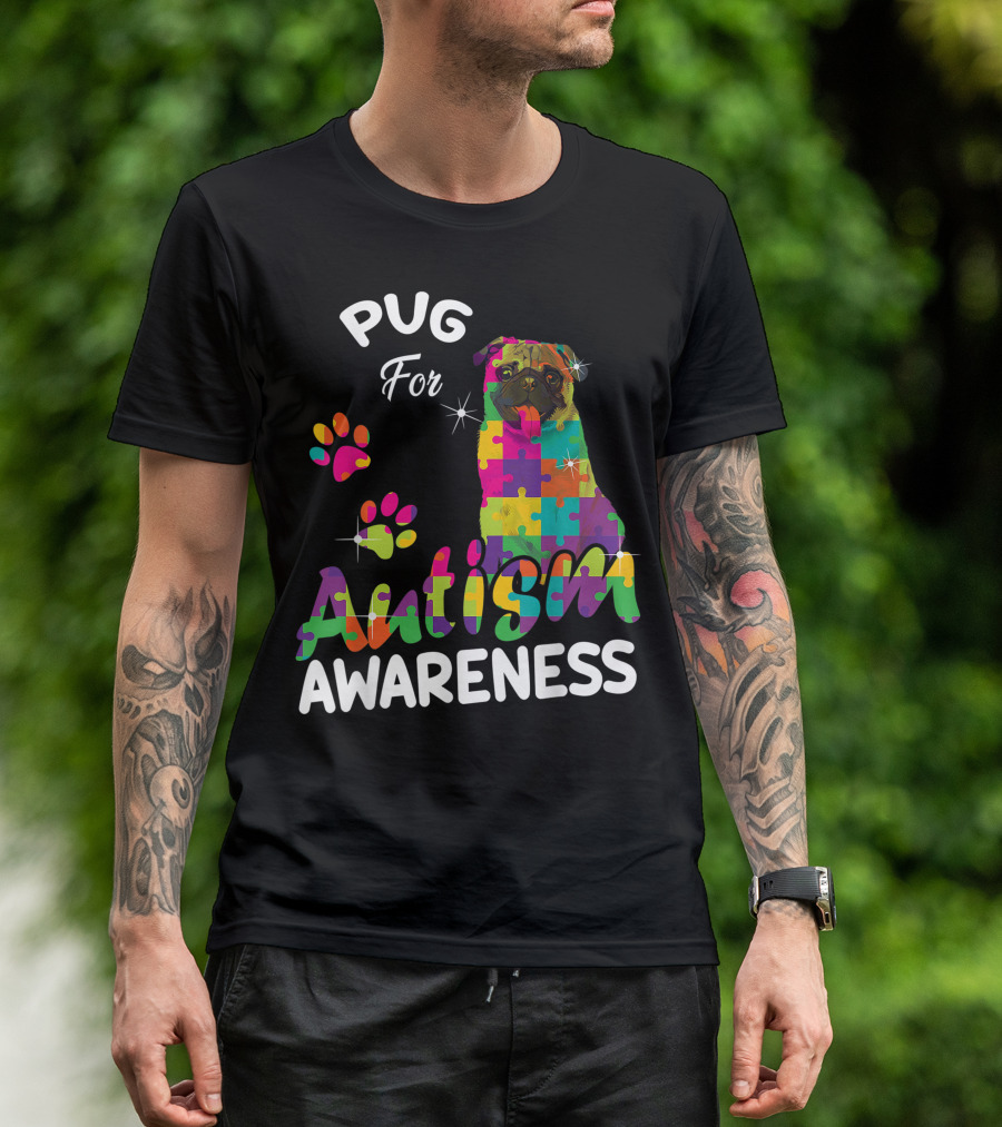 Pug For Autism Awareness Puzzle Pieces Colorful Pug Lover T-Shirt
