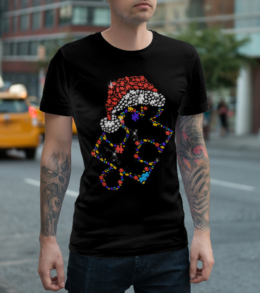 Puzzle Piece Santa Hat Autism Awareness Christmas Autism T-Shirt