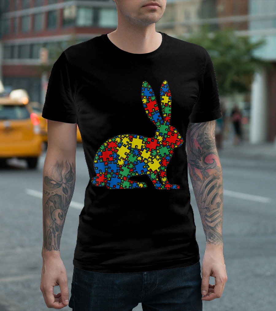 Rabbit Autism Puzzle Pattern Men Kids Autism Awareness T-Shirt