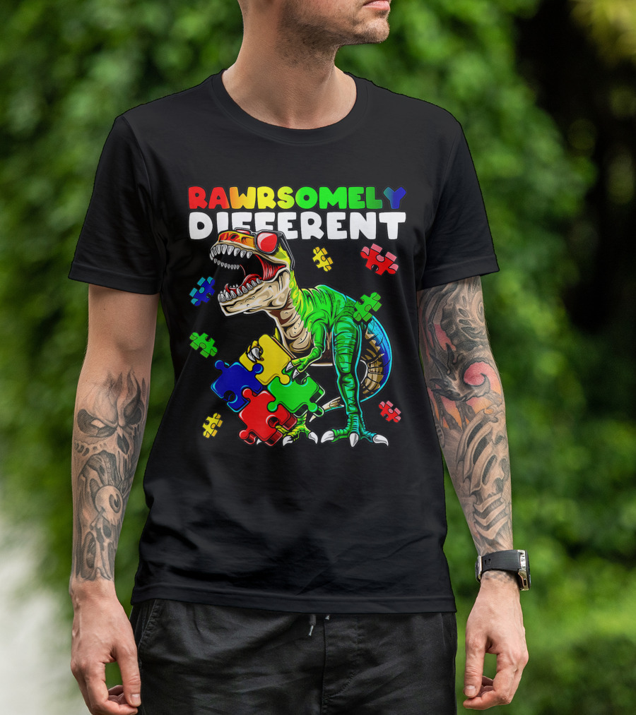 Rawrsomely Different Dinosaur Autism Awareness Puzzle Pieces T-Shirt