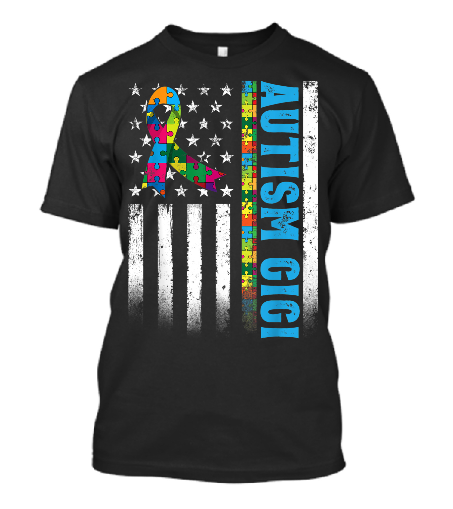 Retro American Flag Puzzle Ribbon Autism Gigi Awareness Autistic T-Shirt