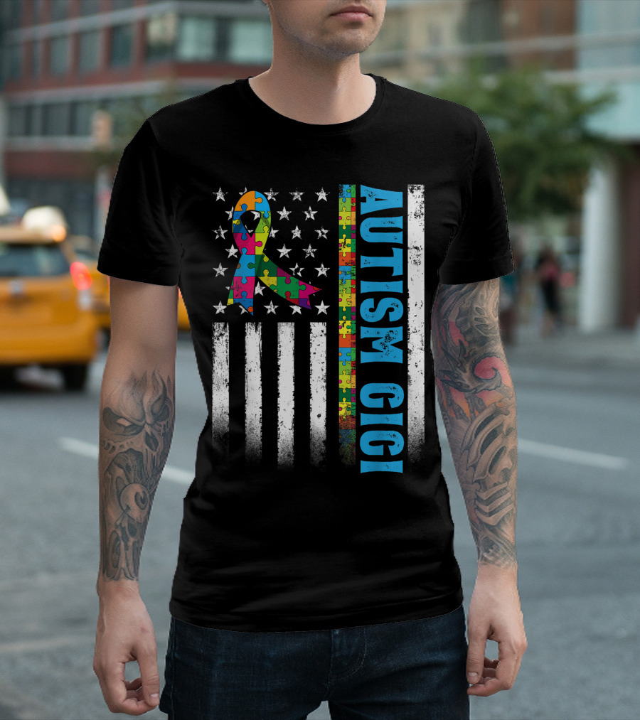 Retro American Flag Puzzle Ribbon Autism Gigi Awareness Autistic T-Shirt