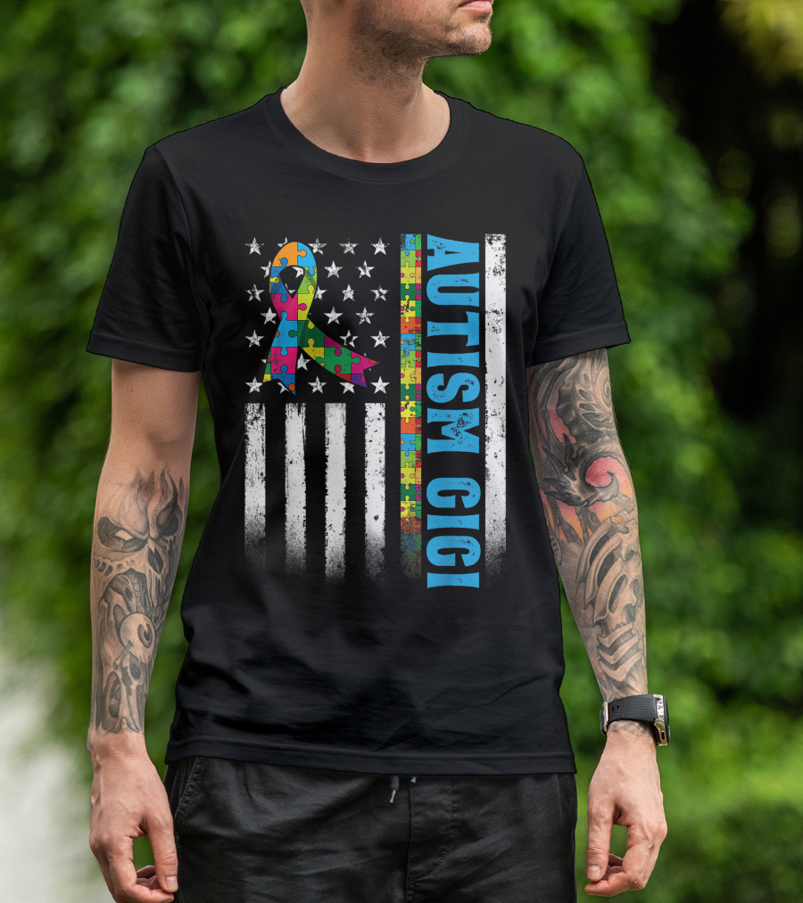 Retro American Flag Puzzle Ribbon Autism Gigi Awareness Autistic T-Shirt