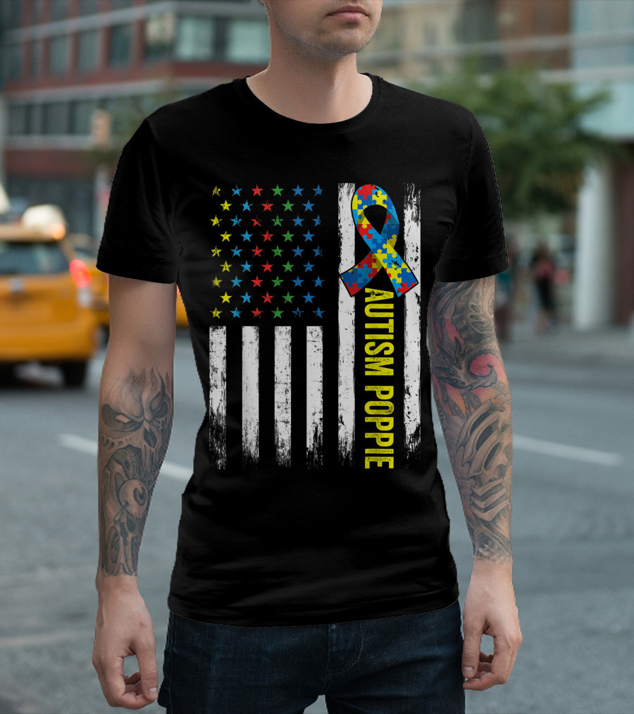 Autism Poppie Retro American Flag Awareness Puzzle T-Shirt