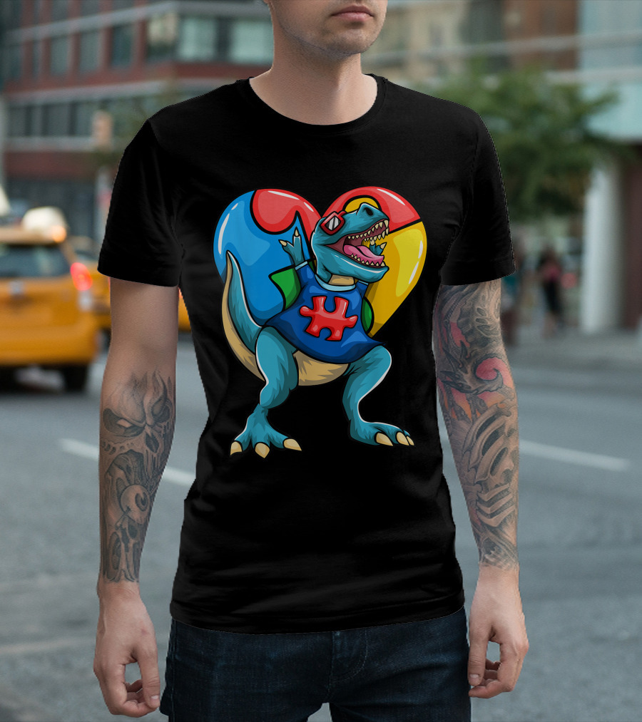 Rex Dinosaur Puzzle Heart Autism Awareness T-Shirt