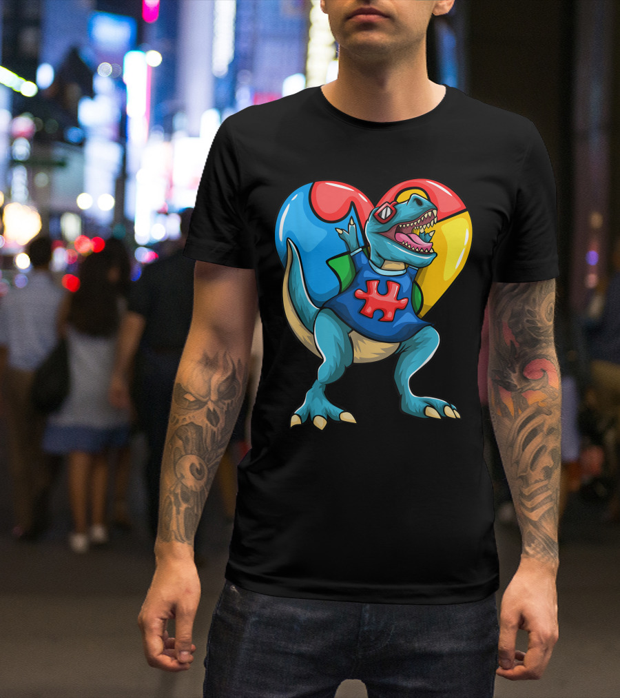 Rex Dinosaur Puzzle Heart Autism Awareness T-Shirt
