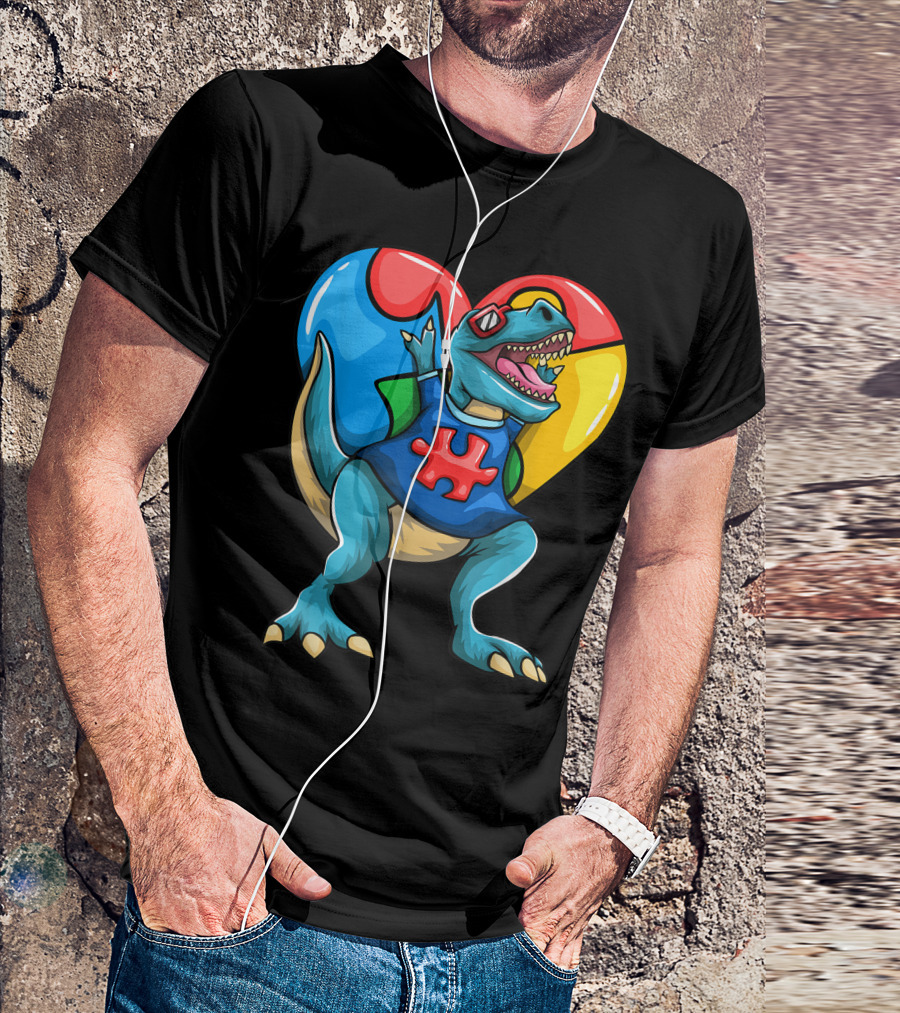 Rex Dinosaur Puzzle Heart Autism Awareness T-Shirt