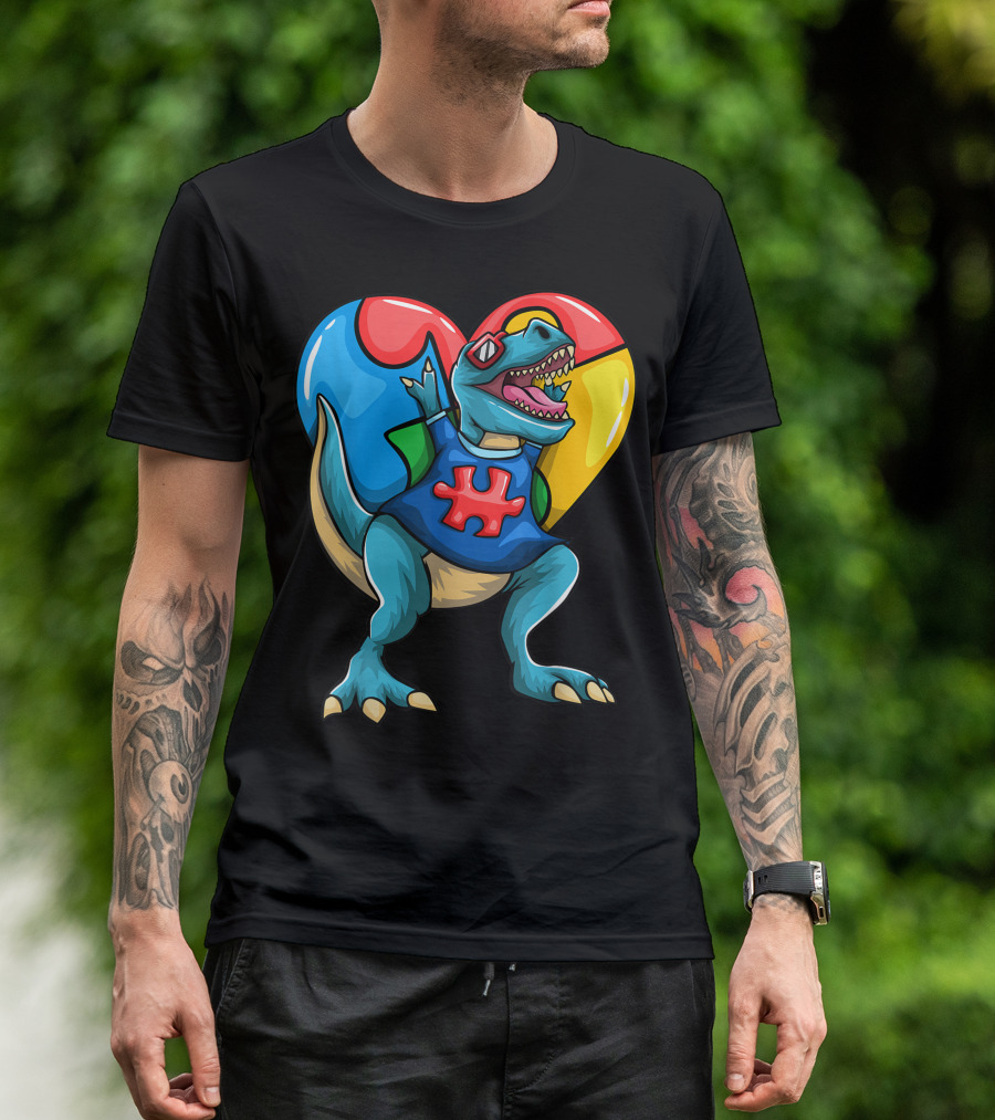 Rex Dinosaur Puzzle Heart Autism Awareness T-Shirt