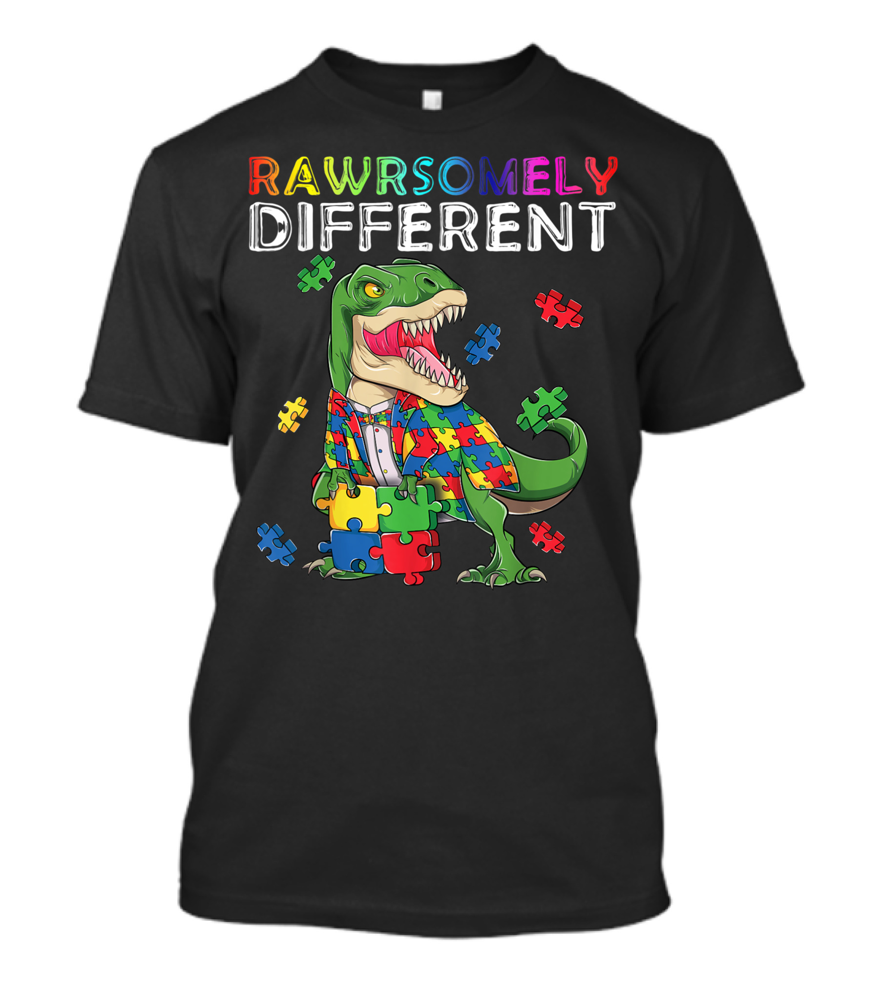RAWRSOMELY DIFFERENT Rex Dinosaur Puzzle Piece Autism Awareness T-Shirt