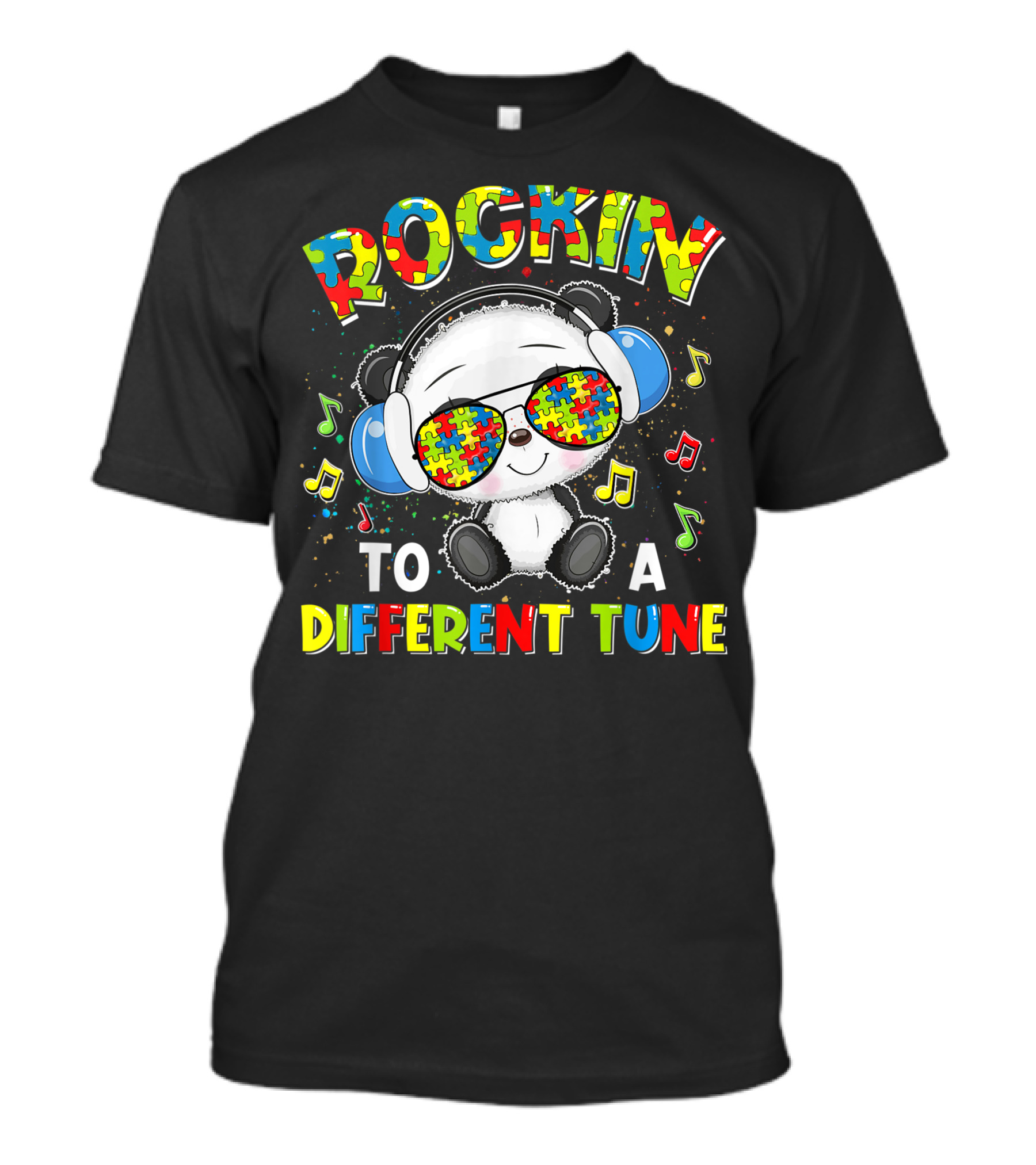ROCKIN TO A DIFFERENT TUNE PANDA AUTISM AWARENESS PUZZLE HEADPHONES MUSIC NOTES T-Shirt