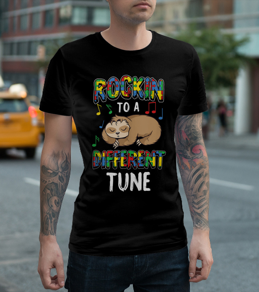 Rockin To A Different Tune Autism Awareness Sloth Kids Music Notes T-Shirt