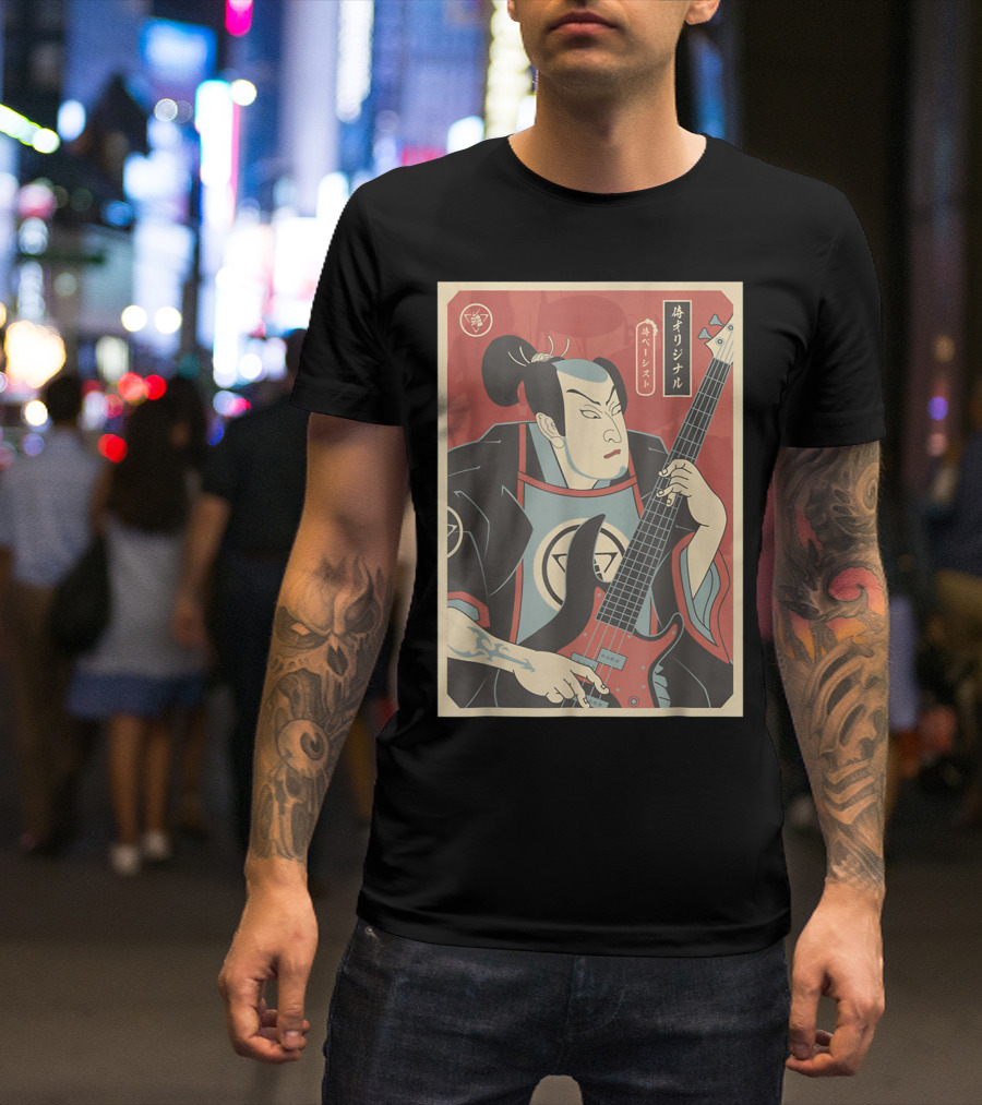 Samurais Bassis Basss Guitar Player Loverss Ukiyo-e Style Japanese T-Shirt