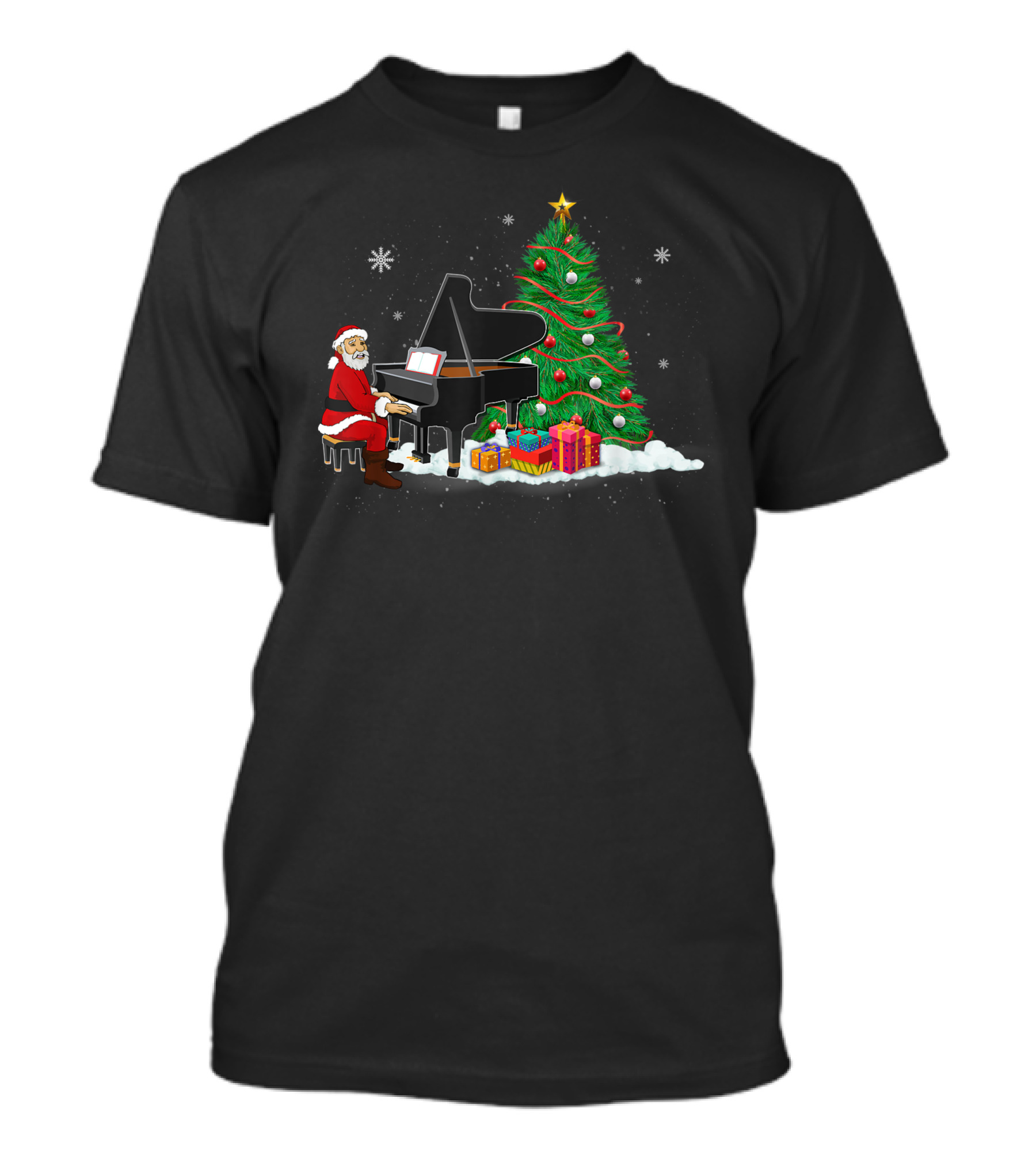 Santa Claus Playing Piano By Christmas Tree For Xmas Music Lovers T-Shirt