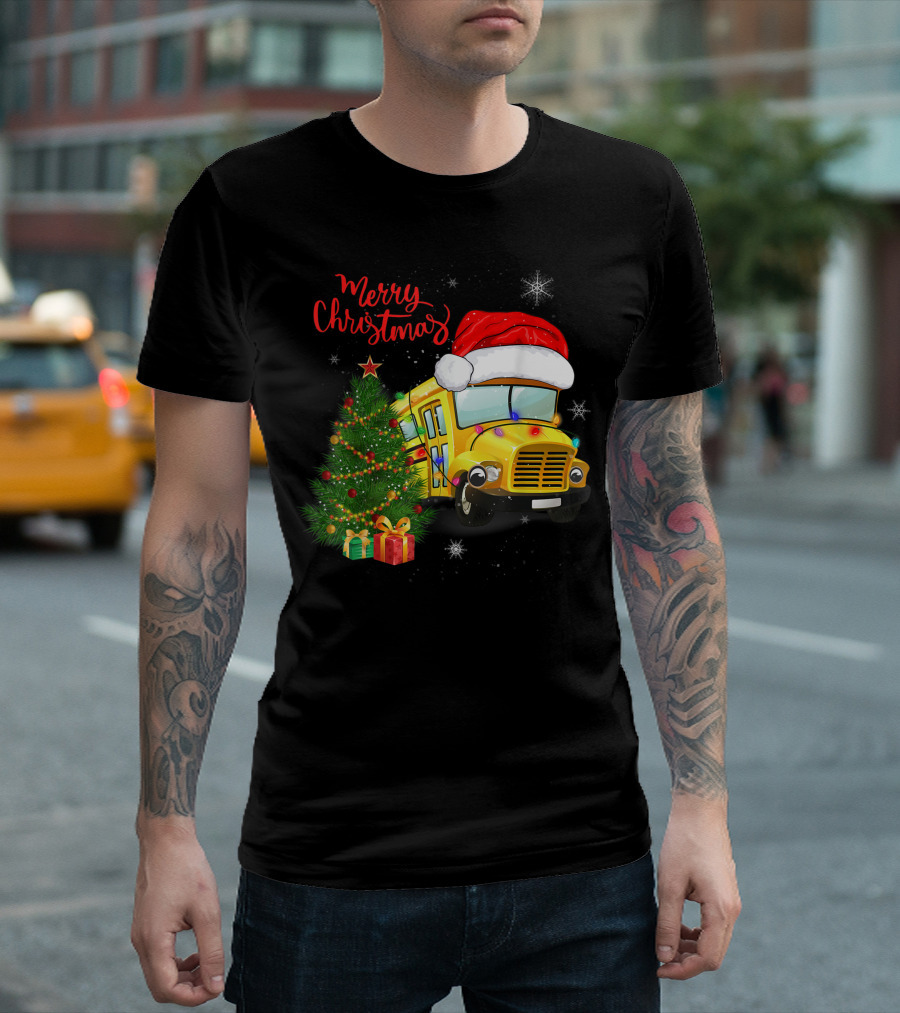 Merry Christmas School Bus Santa Hat with Tree and Presents T-Shirt