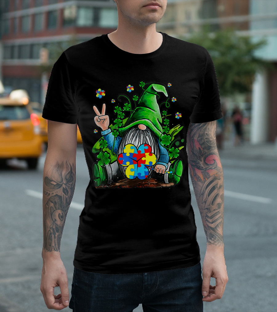 Shamrock St Patricks Day Autism Awareness Gnomes Irish Puzzle Clover T-Shirt