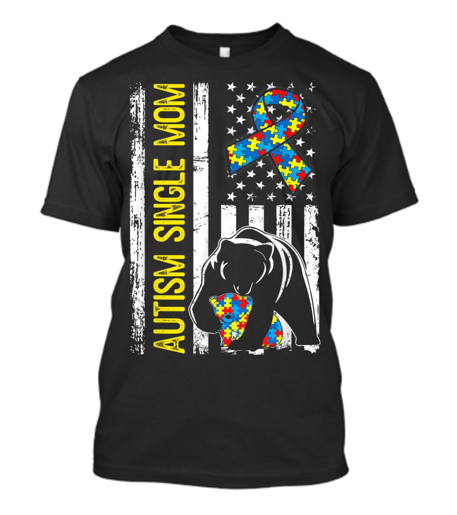Autism Single Mom Bear Puzzle Ribbon Distressed American Flag T-Shirt