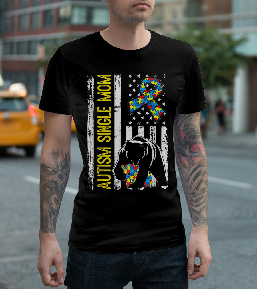 Autism Single Mom Bear Puzzle Ribbon Distressed American Flag T-Shirt
