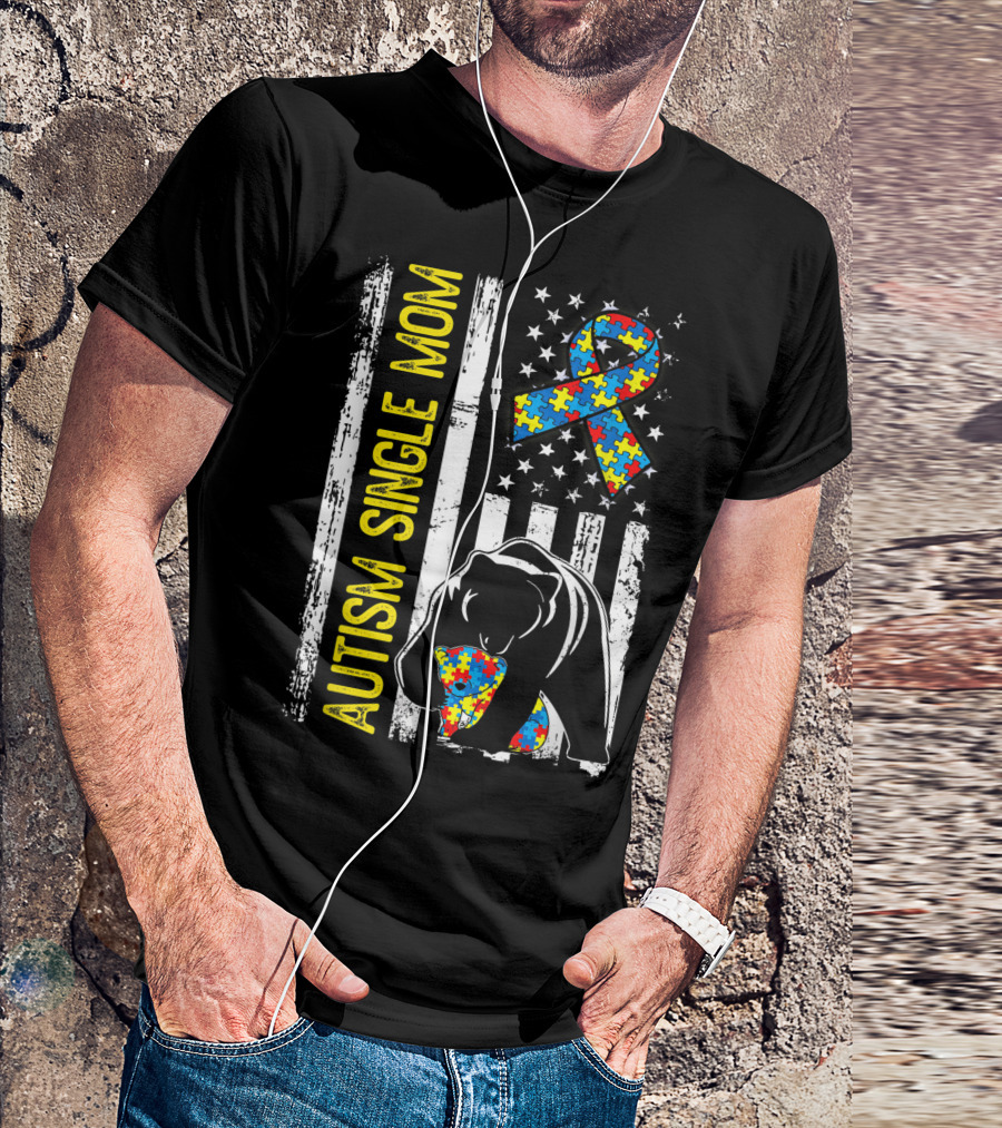 Autism Single Mom Bear Puzzle Ribbon Distressed American Flag T-Shirt