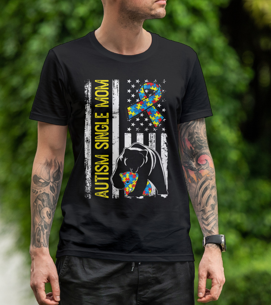 Autism Single Mom Bear Puzzle Ribbon Distressed American Flag T-Shirt