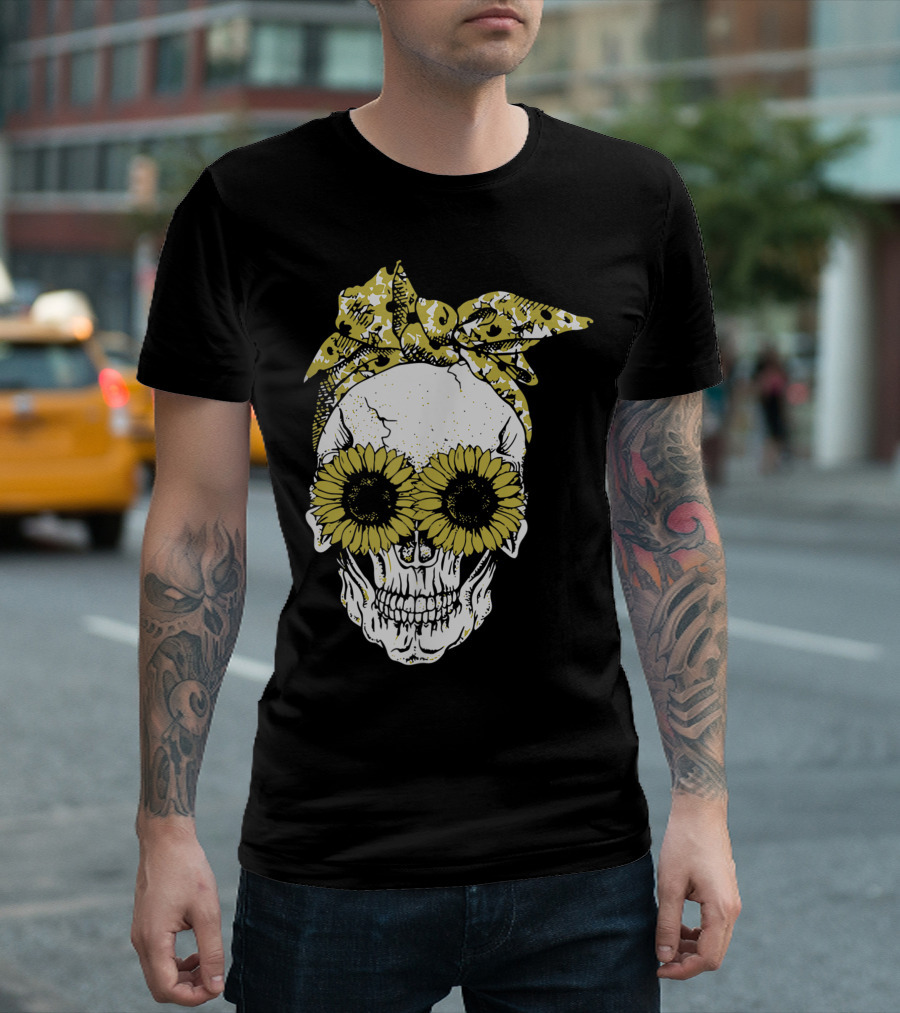 Sunflower Eyes Skull With Floral Bandana T-Shirt