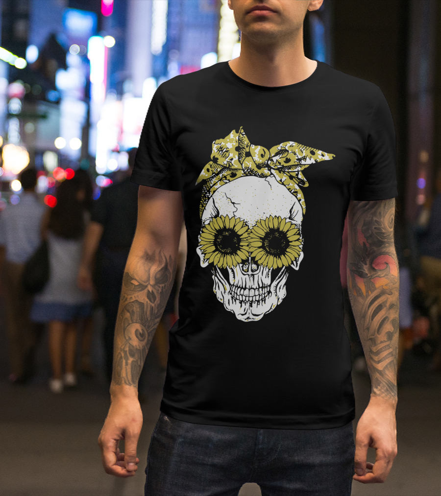 Sunflower Eyes Skull With Floral Bandana T-Shirt