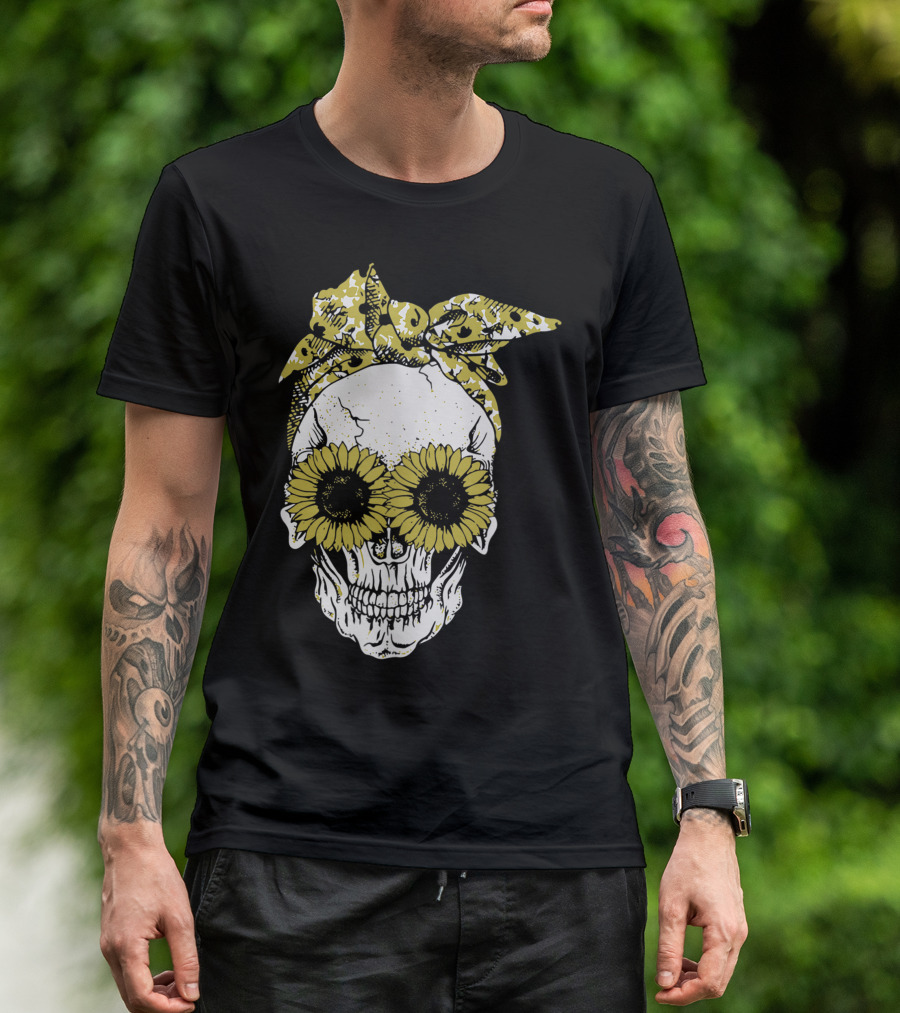 Sunflower Eyes Skull With Floral Bandana T-Shirt
