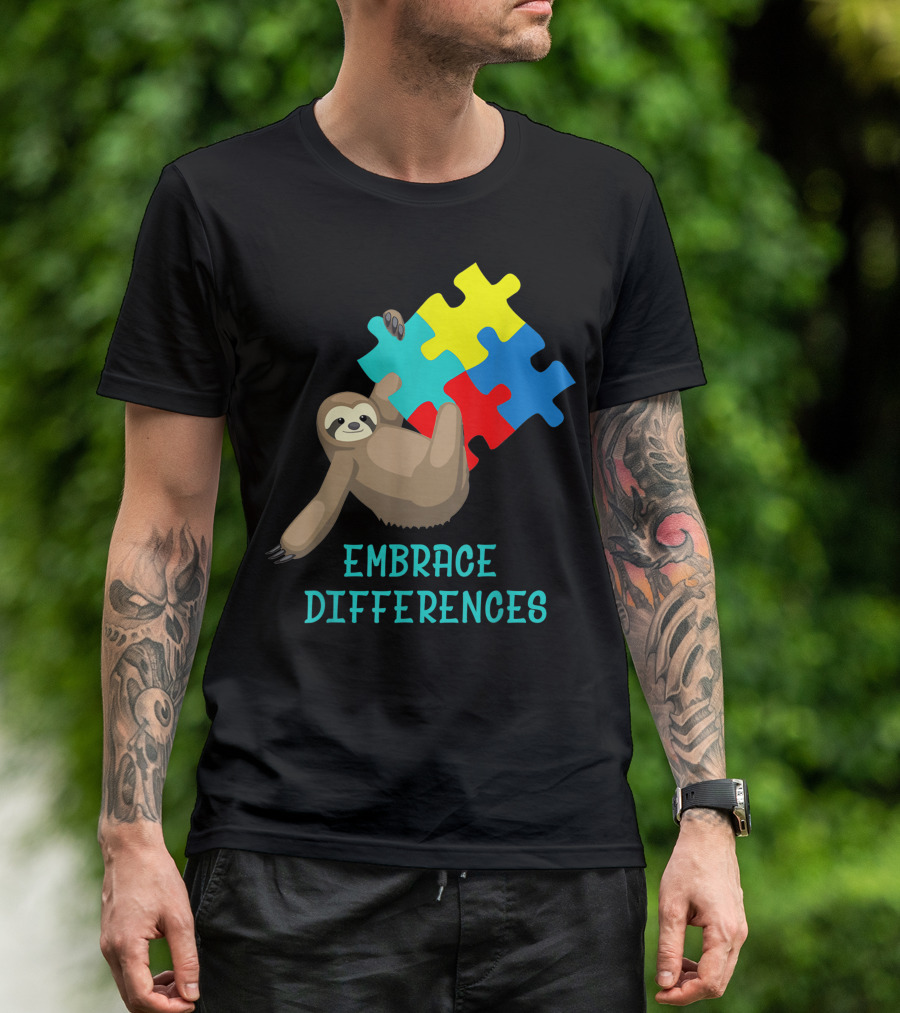 Sloth Embrace Differences Autism Awareness Day Puzzles T-Shirt
