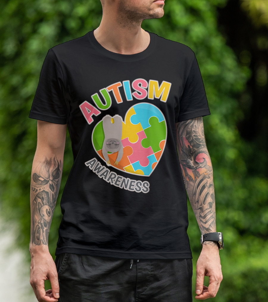 Autism Awareness Sloth Heart Puzzle Women Boy Girl Kid T-Shirt