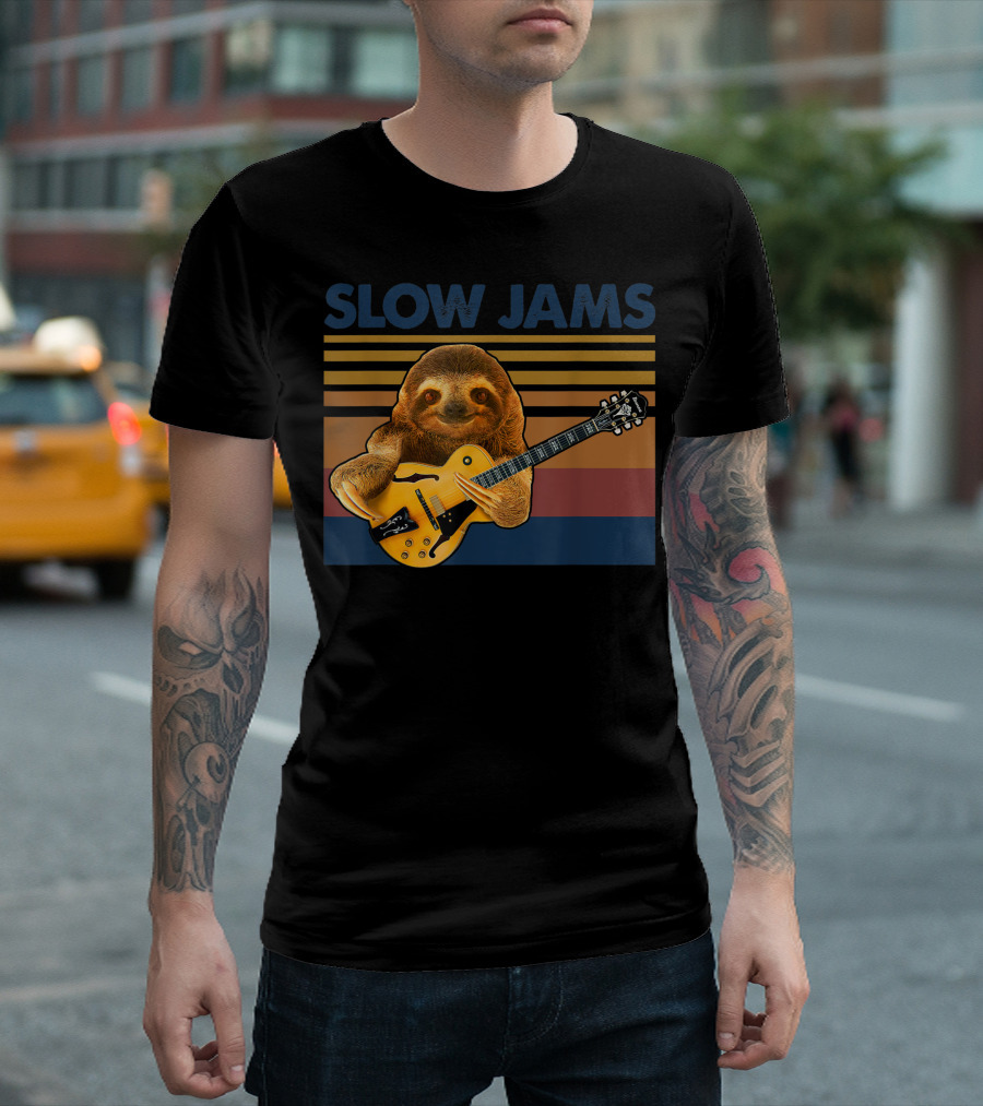 Sloth Playing Guitar Slow Jams Retro Stripes T-Shirt