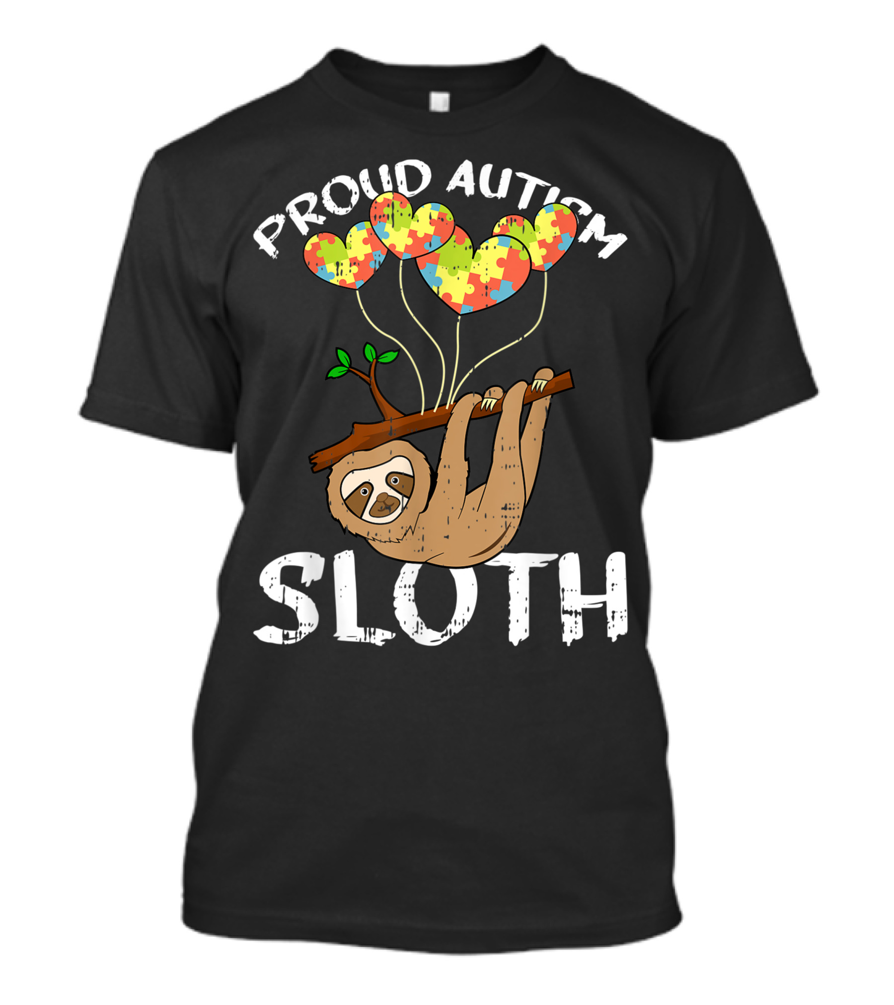 Proud Autism Sloth With Puzzle Pattern Heart Balloons T-Shirt
