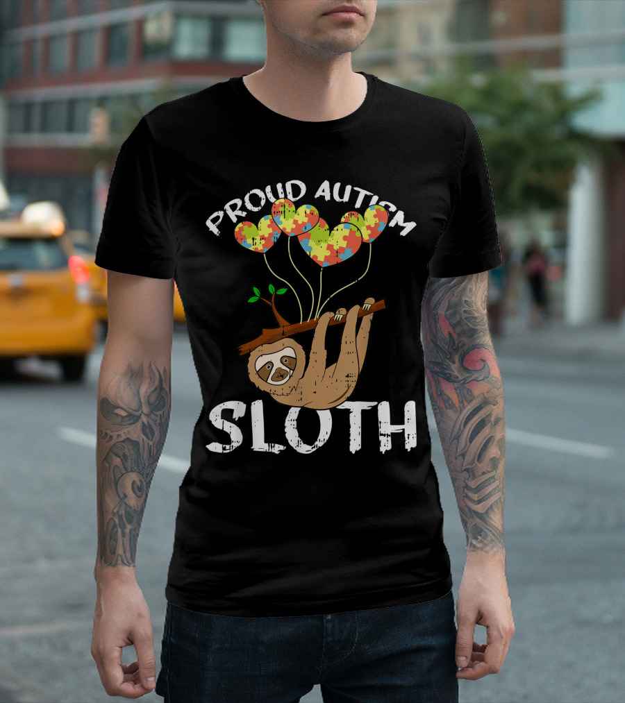 Proud Autism Sloth With Puzzle Pattern Heart Balloons T-Shirt