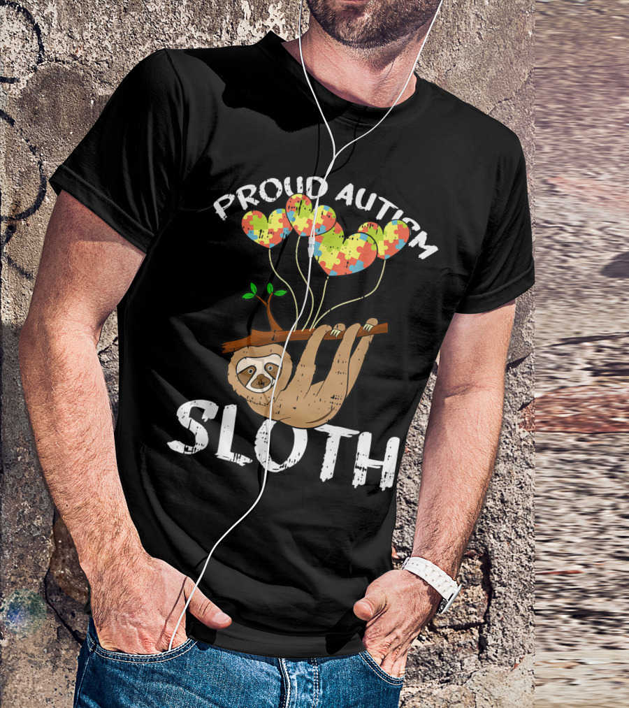 Proud Autism Sloth With Puzzle Pattern Heart Balloons T-Shirt