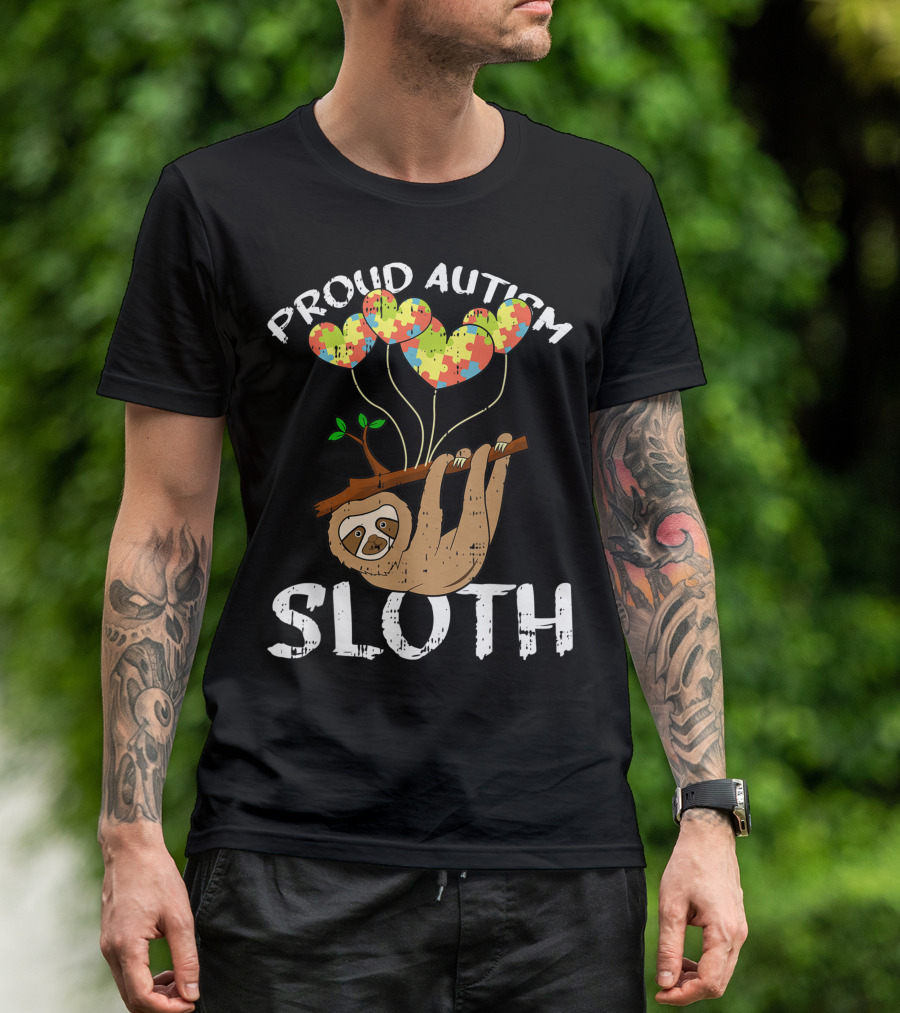 Proud Autism Sloth With Puzzle Pattern Heart Balloons T-Shirt